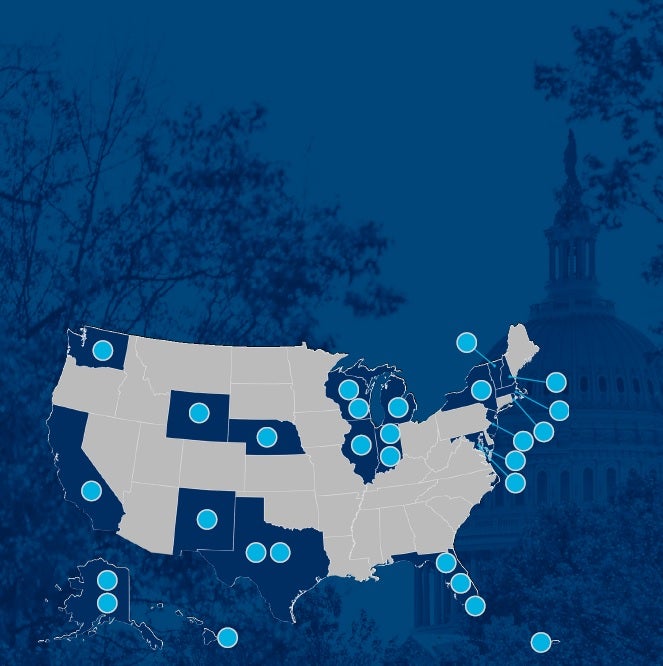 map of US showing spots where georgetown alums in congress are from